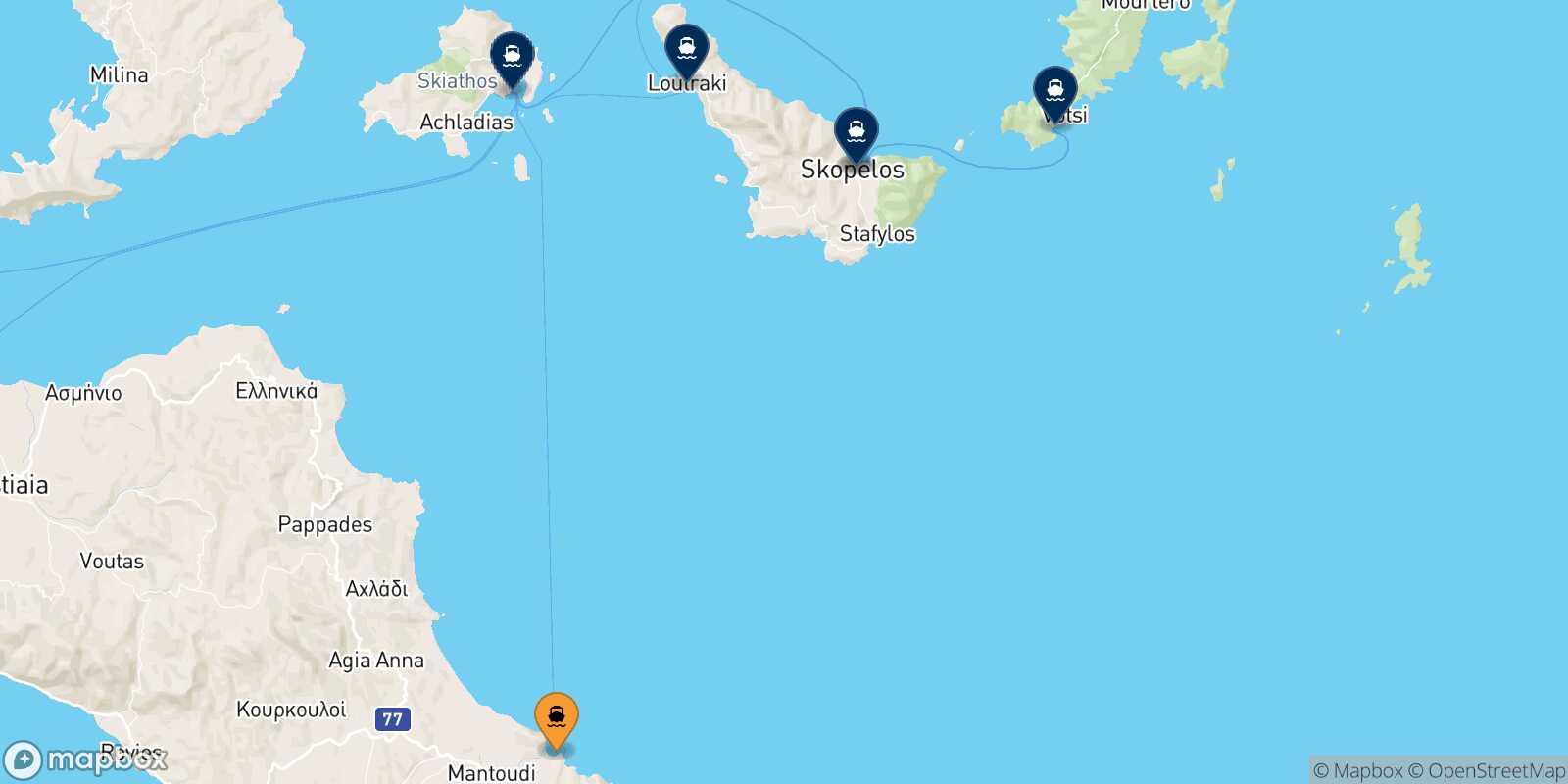 Mapa de los destinos alcanzables de Mantoudi (Evia)
