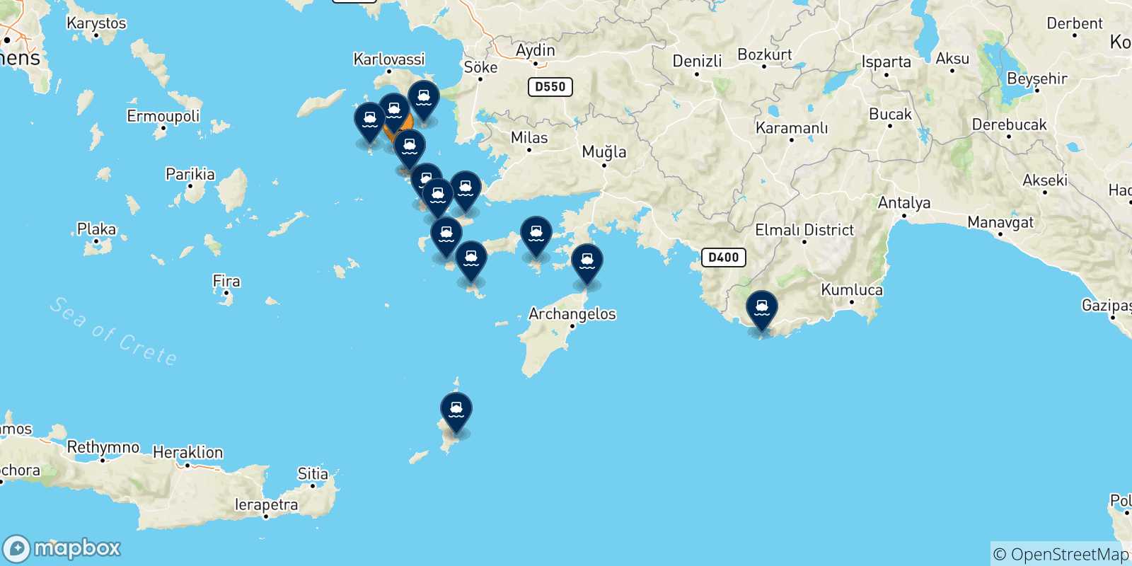 Mapa de las posibles rutas entre Lipsi y  Dodecaneso