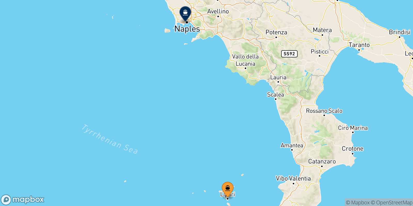 Mapa de la ruta Lipari Nápoles Mergellina
