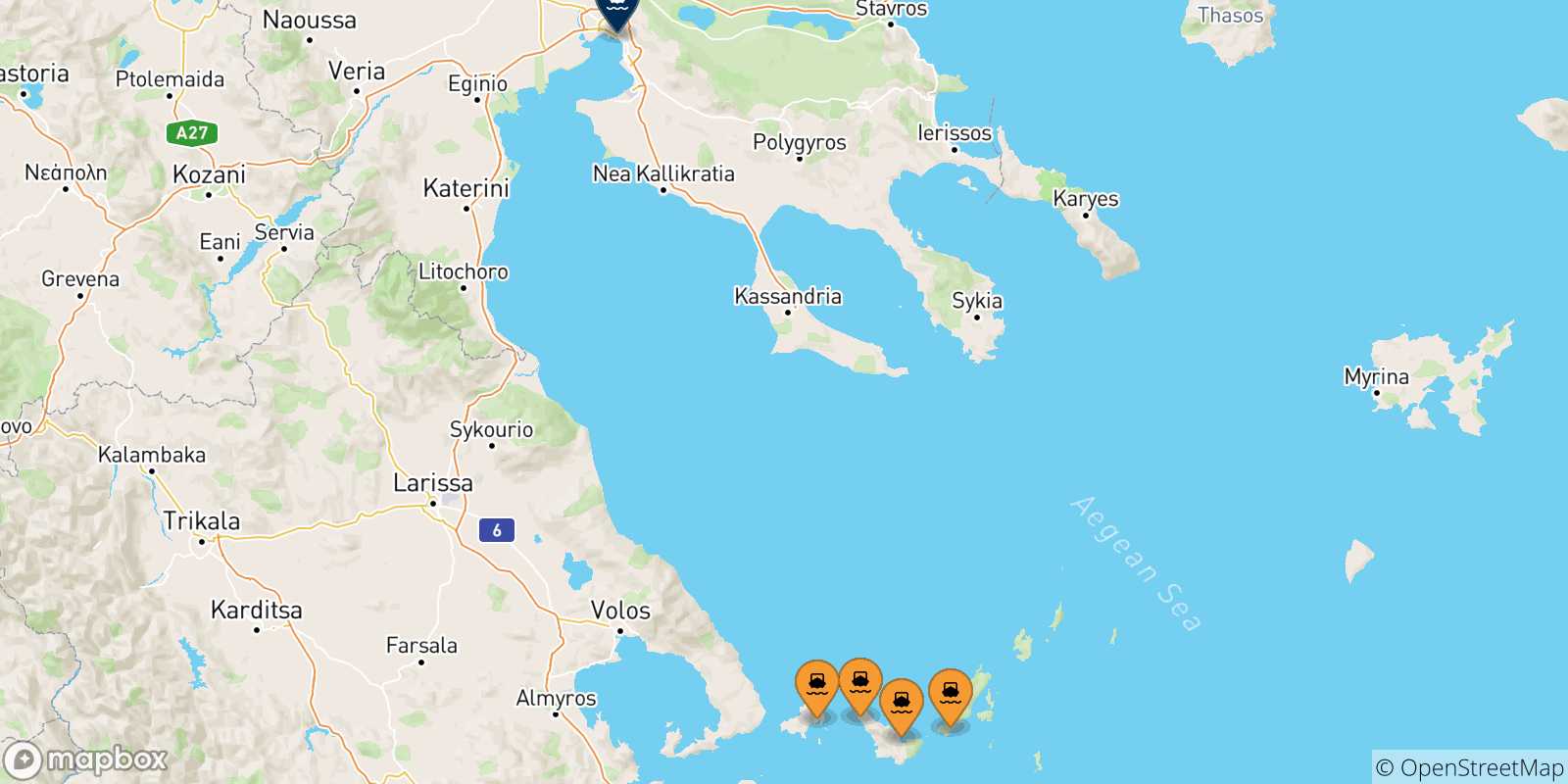 Mapa de las posibles rutas entre Islas Espóradas y  Salónica