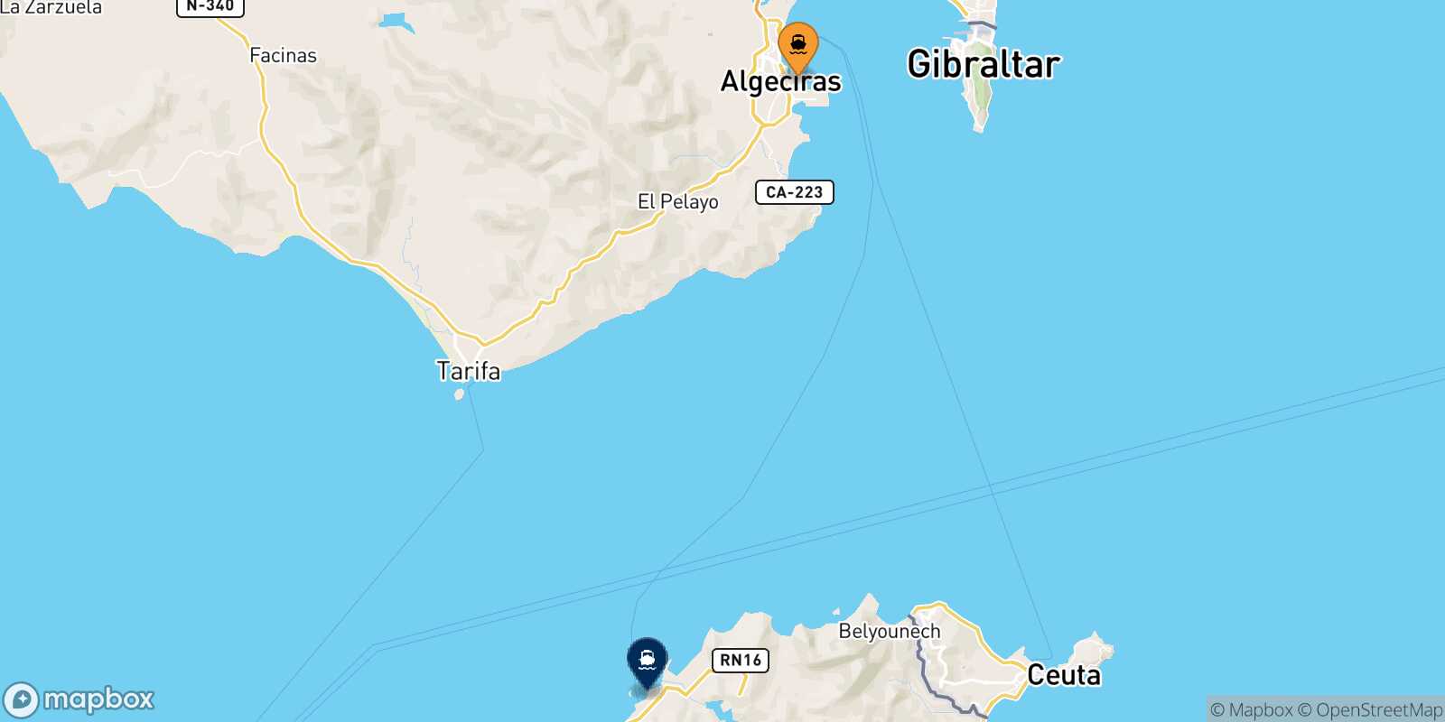 Mapa de la ruta Algeciras Tánger Med