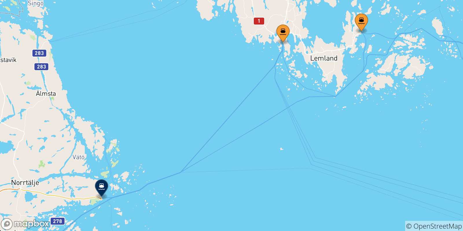 Mapa de las posibles rutas entre Islas Aland y  Kapellskar