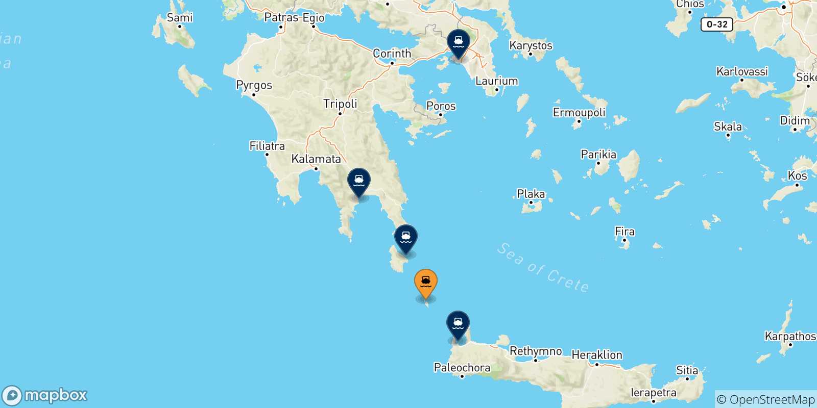 Mapa de las posibles rutas entre Antikythira y  Grecia