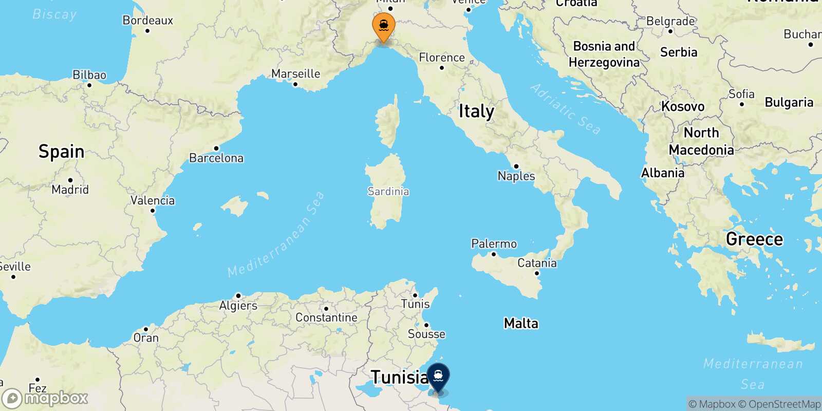 Mapa de la ruta Genova Zarzis
