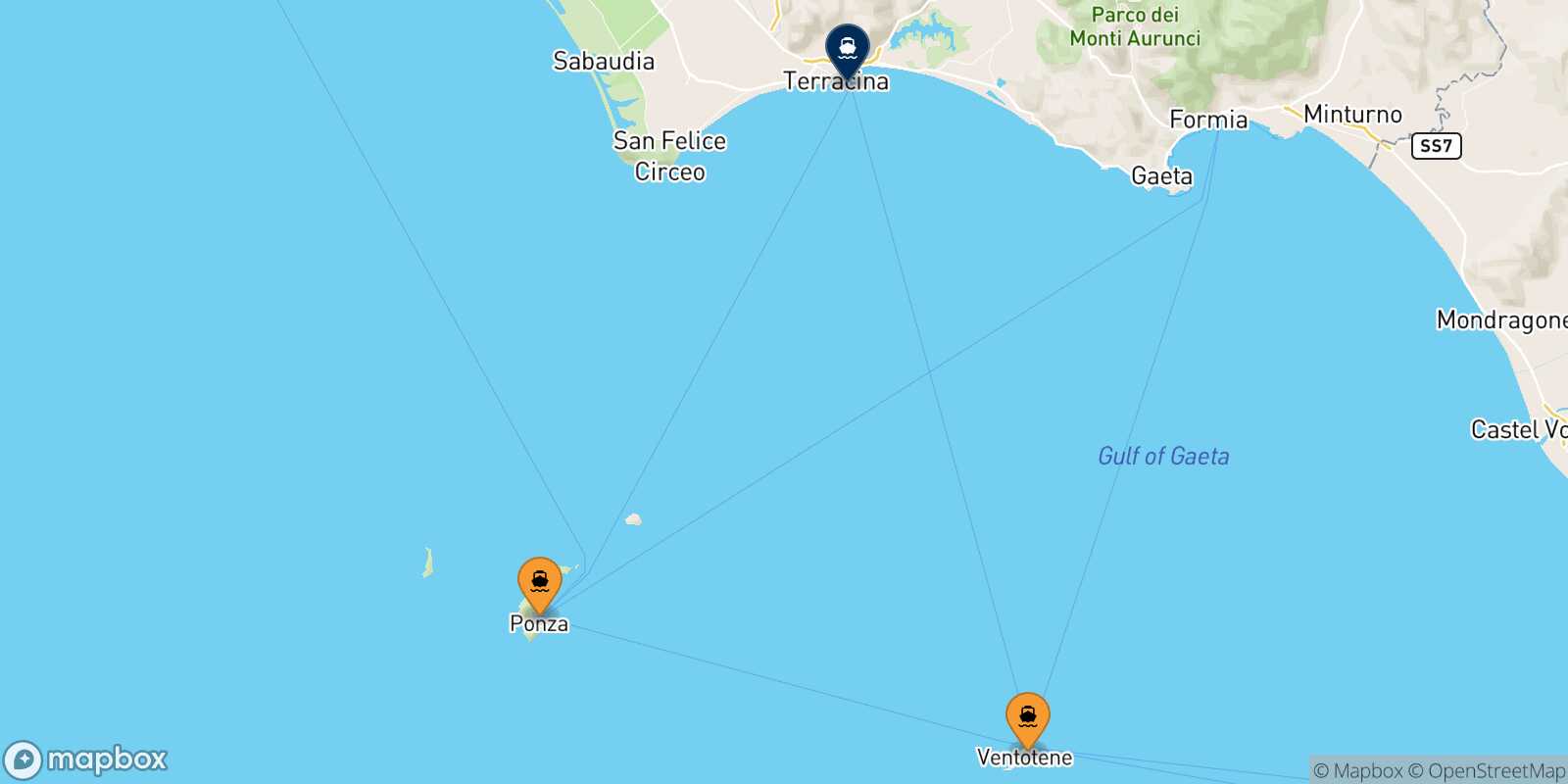 Mapa de los puertos conectados con  Terracina