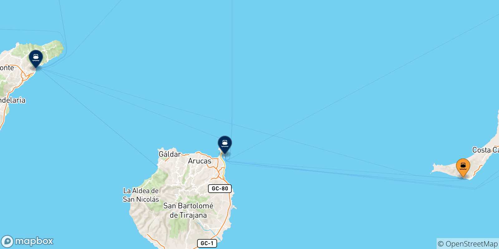 Mapa de las posibles rutas entre Morro Jable (Fuerteventura) y  España