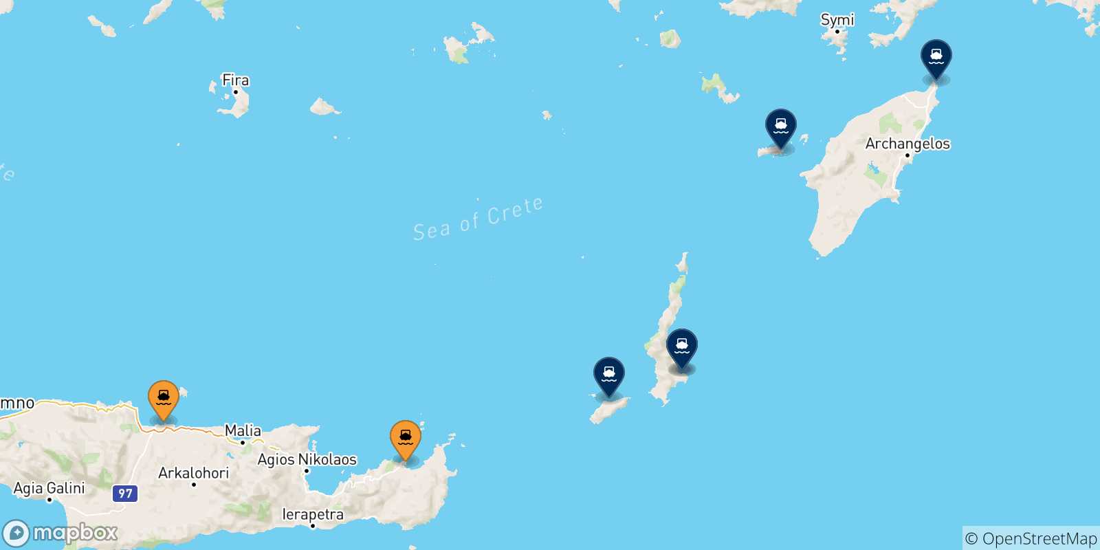 Mapa de las posibles rutas entre Creta y  Dodecaneso