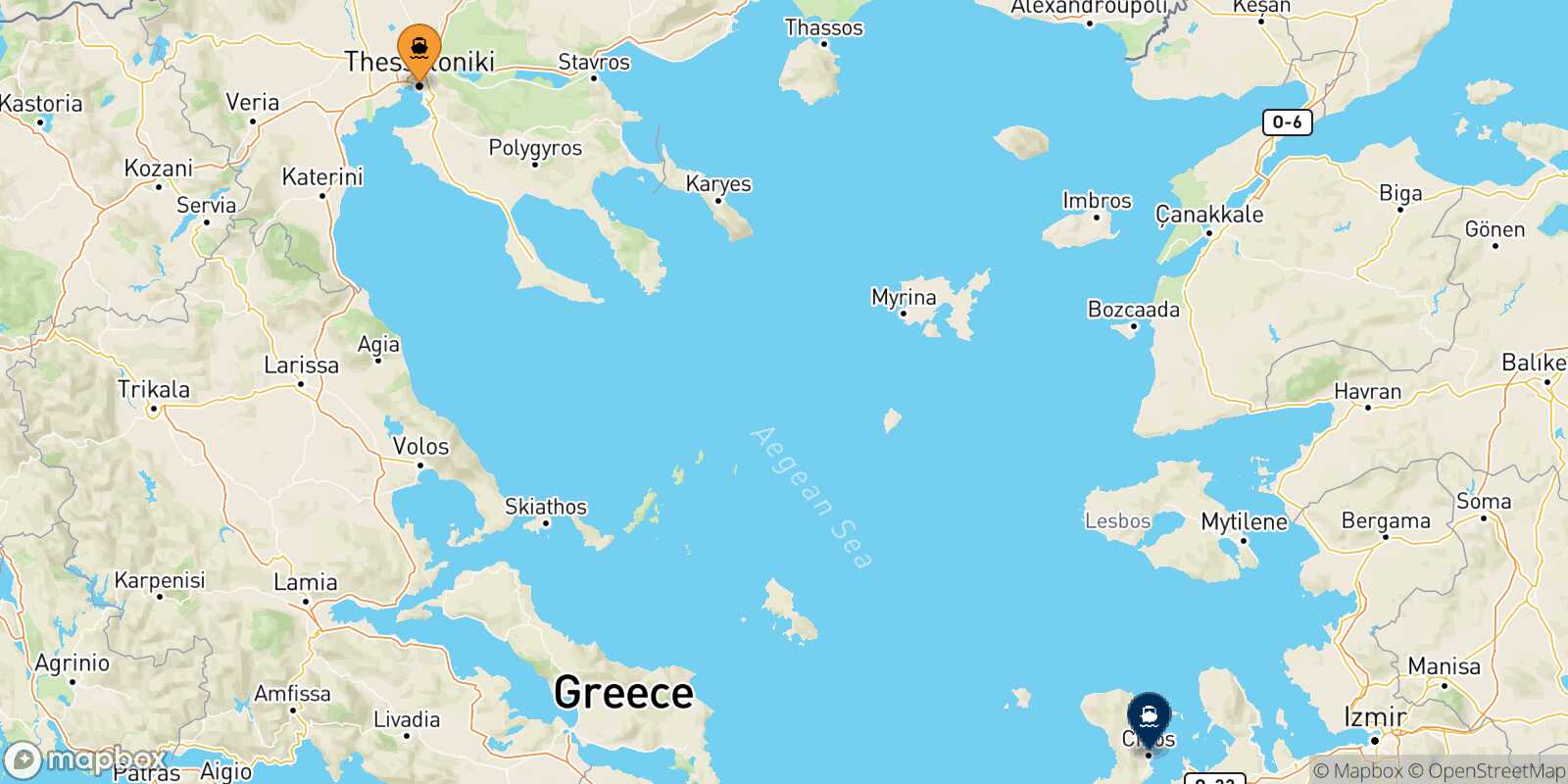 Mapa de la ruta Salónica Quios