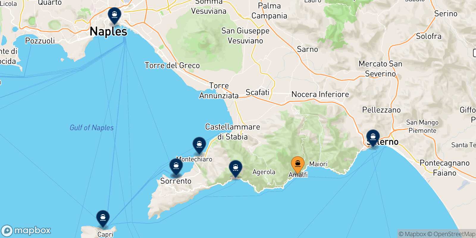 Mapa de los destinos alcanzables de Amalfi