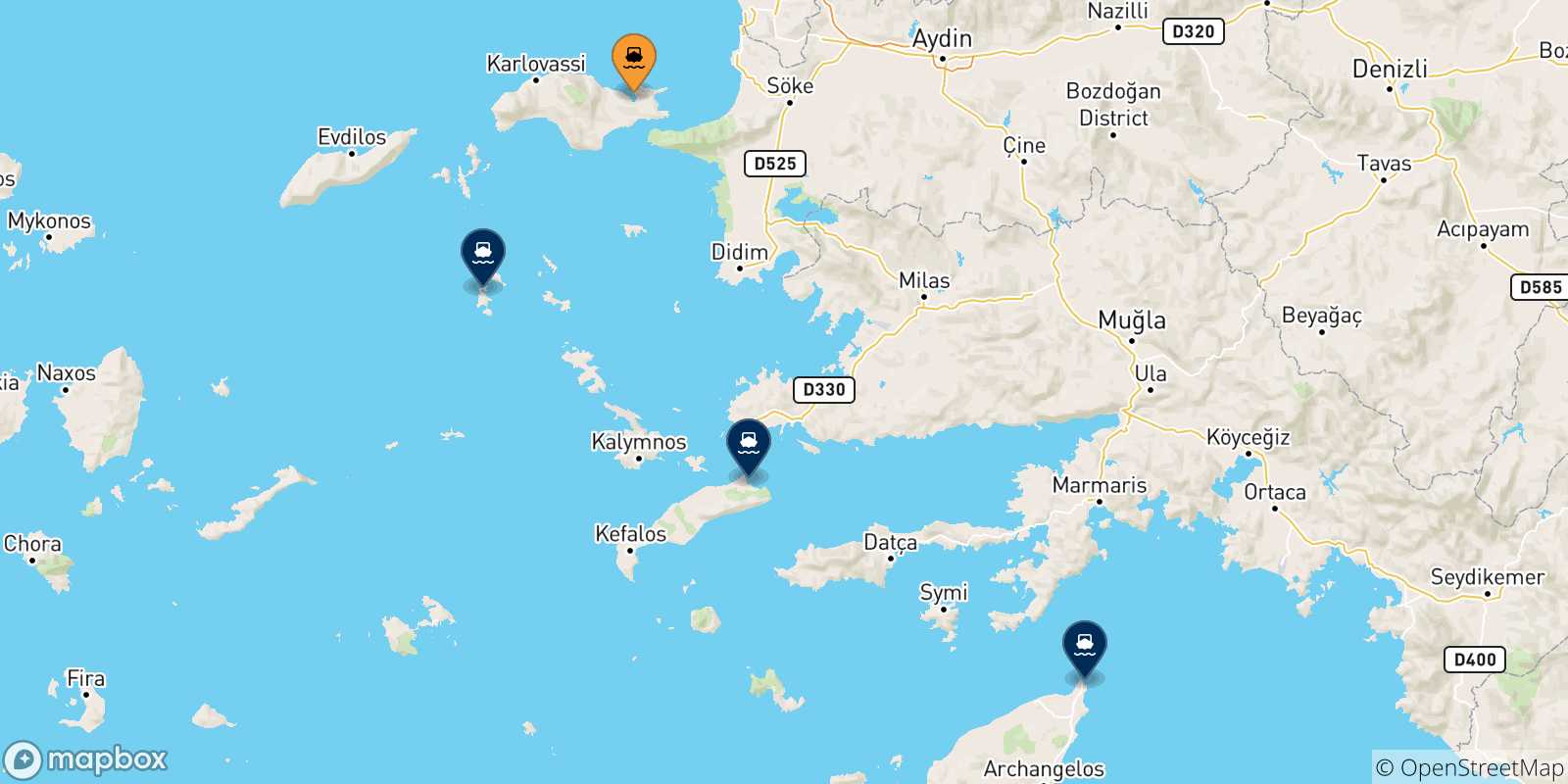Mapa de las posibles rutas entre Vathi (Samos) y  Dodecaneso